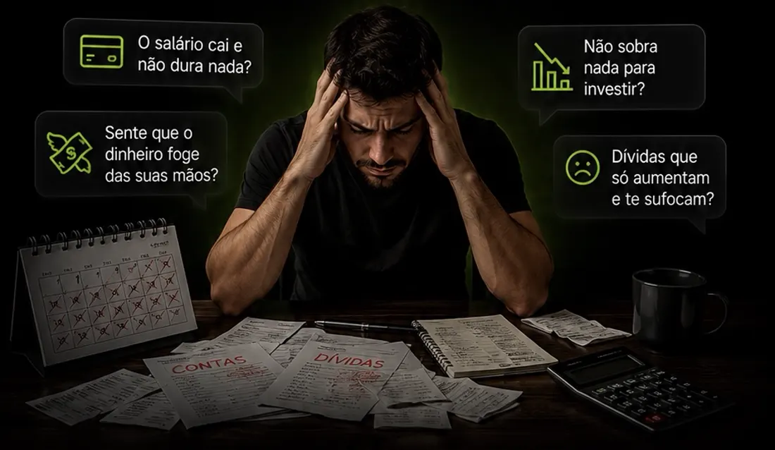 Homem preocupado diante de contas e dívidas sobre a mesa
